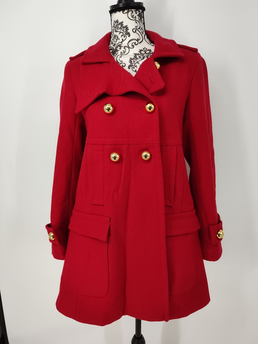 Via Women's Red Double-Breasted Pea Coat with Gold Buttons Size Small